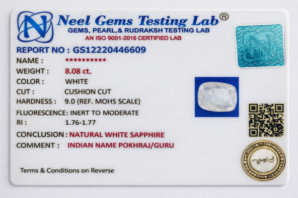 Neel Gems lab report GS12220446609 natural white sapphire 8.08 carat certificate