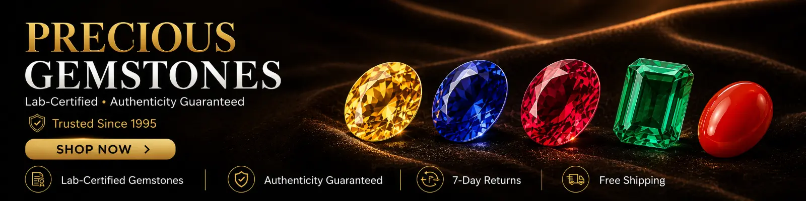 Certified precious gemstones including Sapphire, Ruby, and Emerald