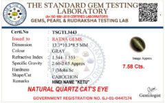 Cat's Eye certificate TSGTL3443 for Quartz Cat's Eye (Lahsuniya) 7.58 Carat (8.33 Ratti) Oval Cabochon