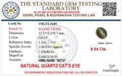 Cat's Eye certificate TSGTL3445 for Quartz Cat's Eye (Lahsuniya) 8.54 Carat (9.38 Ratti) Oval Cabochon