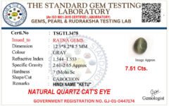 Cat's Eye certificate TSGTL3478 for Quartz Cat's Eye (Lahsuniya) 7.51 Carat (8.25 Ratti) Oval Cabochon