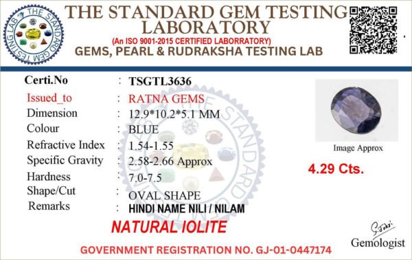 Certificate image for Natural Iolite Stone Kaka Neeli 4.29 carat