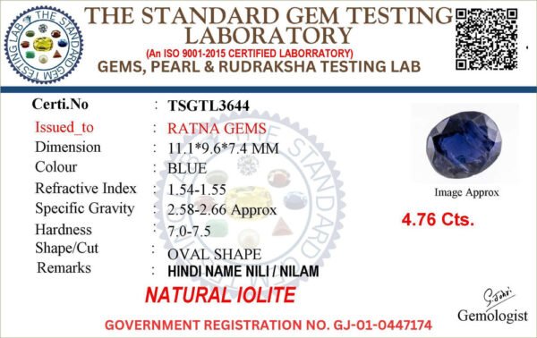 Certificate image for Natural Iolite Stone Kaka Neeli 4.76 carat