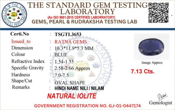 Certificate image for Natural Iolite Stone Kaka Neeli 7.13 carat