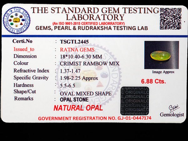 Australian Fire Opal Stone 6.88 carat certificate