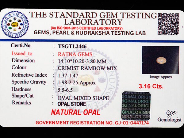 Australian Fire Opal Stone 3.16 carat certificate