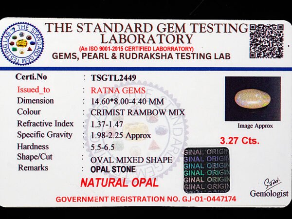 Australian Fire Opal Stone 3.27 carat certificate