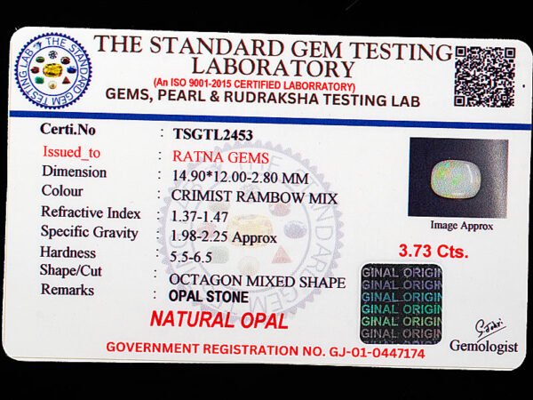 Australian Fire Opal Stone 3.73 carat certificate