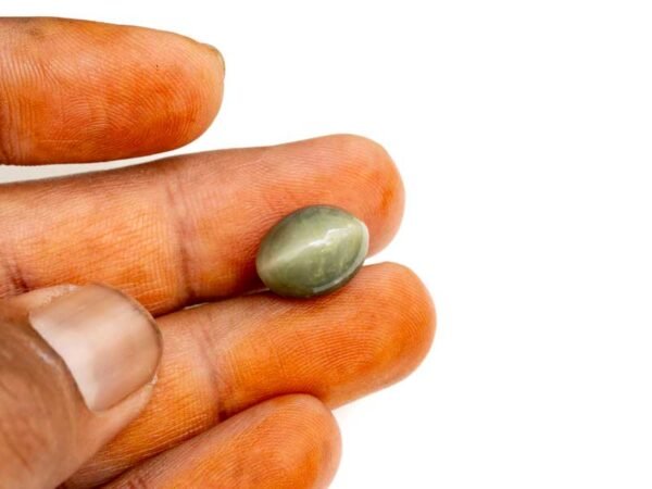 Quartz Cats Eye Lahsuniya 11.11 Carat in-hand view gray cabochon