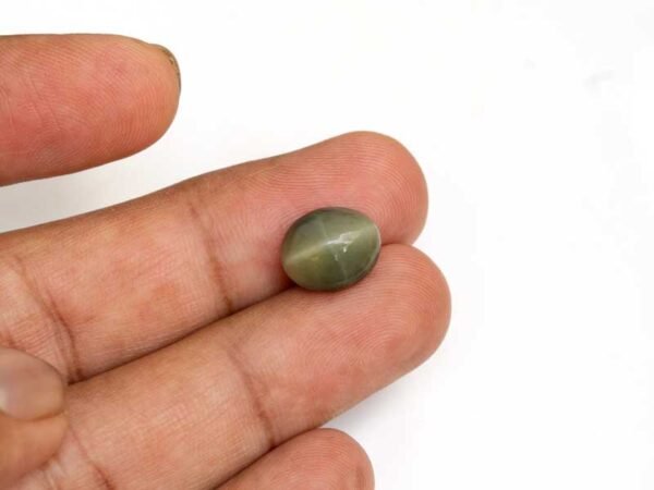 Quartz Cats Eye Lahsuniya 5.54 Carat in-hand view gray cabochon