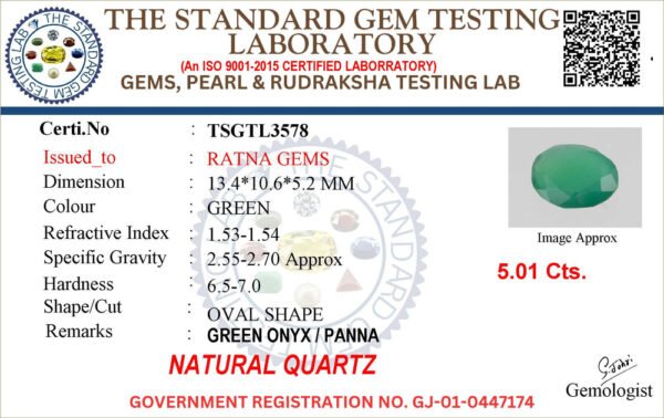 Onyx certificate TSGTL3578 for Onyx Stone (Onex Ratna) 5.01 Carat (5.51 Ratti) Oval Cut