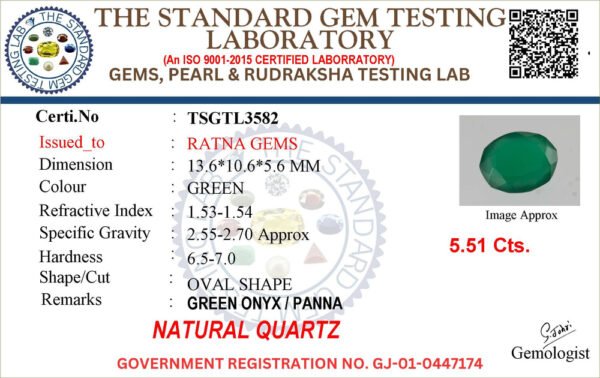 Onyx certificate TSGTL3582 for Onyx Stone (Onex Ratna) 5.51 Carat (6.05 Ratti) Oval Cut