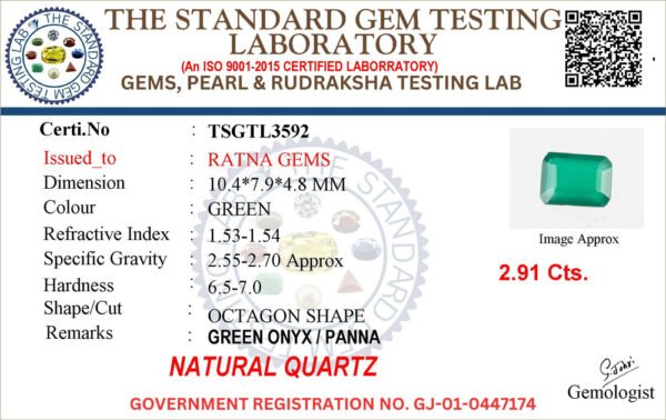 Onyx certificate TSGTL3592 for Onyx Stone (Onex Ratna) 2.91 Carat (3.20 Ratti) Octagon Cut