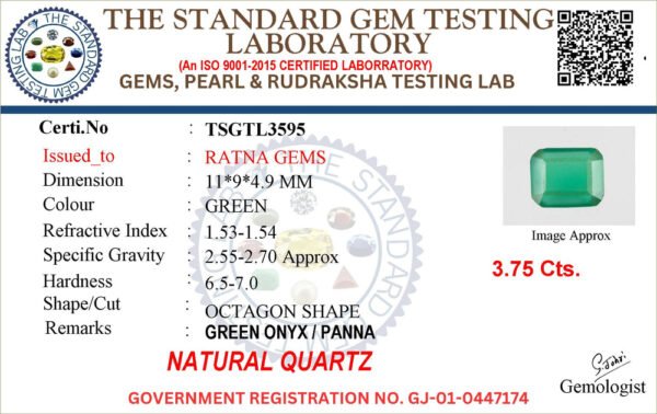 Onyx certificate TSGTL3595 for Onyx Stone (Onex Ratna) 3.75 Carat (4.12 Ratti) Octagon Cut