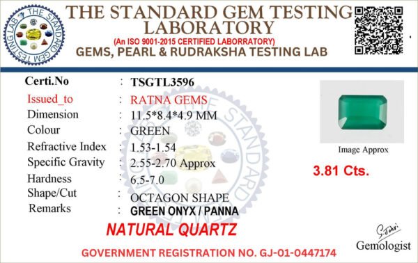 Onyx certificate TSGTL3596 for Onyx Stone (Onex Ratna) 3.81 Carat (4.19 Ratti) Octagon Cut