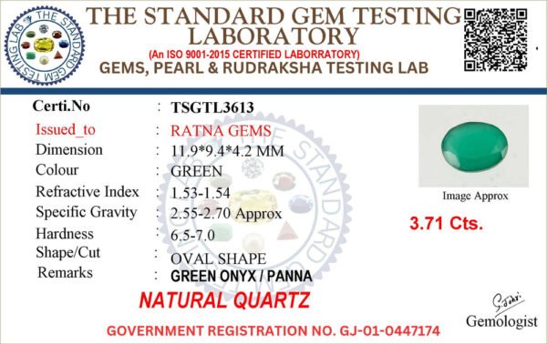 Onyx certificate TSGTL3613 for Onyx Stone (Onex Ratna) 3.71 Carat (4.08 Ratti) Oval Cut