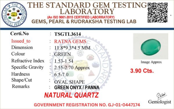 Onyx certificate TSGTL3614 for Onyx Stone (Onex Ratna) 3.90 Carat (4.29 Ratti) Oval Cut