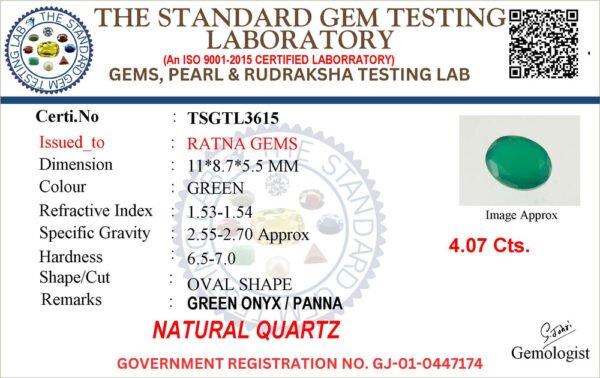 Onyx certificate TSGTL3615 for Onyx Stone (Onex Ratna) 4.07 Carat (4.47 Ratti) Oval Cut