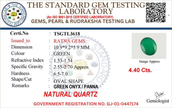Onyx certificate TSGTL3618 for Onyx Stone (Onex Ratna) 4.40 Carat (4.84 Ratti) Oval Cut