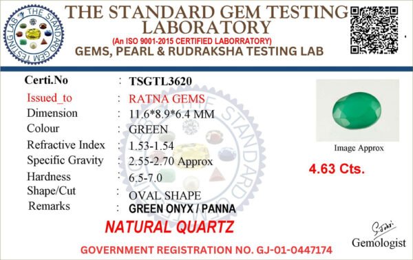 Onyx certificate TSGTL3620 for Onyx Stone (Onex Ratna) 4.63 Carat (5.09 Ratti) Oval Cut