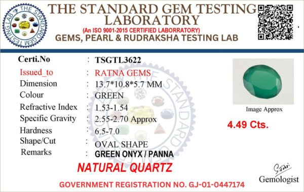 Onyx certificate TSGTL3622 for Onyx Stone (Onex Ratna) 4.94 Carat (5.43 Ratti) Oval Cut