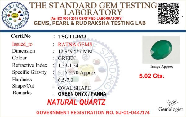 Onyx certificate TSGTL3623 for Onyx Stone (Onex Ratna) 5.02 Carat (5.52 Ratti) Oval Cut