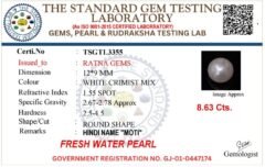 Pearl certificate TSGTL3355 for Cultured Pearl Stone (Moti Ratna) 8.63 Carat (9.48 Ratti) Round Shape