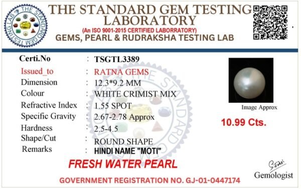 Pearl certificate TSGTL3389 for Cultured Pearl Stone (Moti Ratna) 10.99 Carat (12.08 Ratti) Round Shape