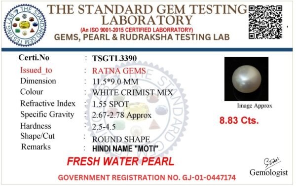 Pearl certificate TSGTL3390 for Cultured Pearl Stone (Moti Ratna) 8.83 Carat (9.70 Ratti) Round Shape