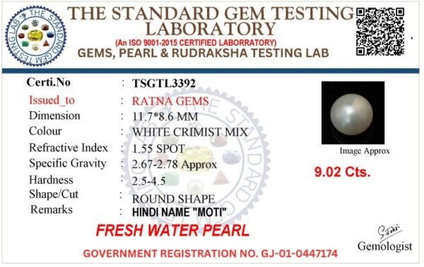 Pearl certificate TSGTL3392 for Cultured Pearl Stone (Moti Ratna) 9.02 Carat (9.91 Ratti) Round Shape
