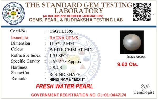 Pearl certificate TSGTL3395 for Cultured Pearl Stone (Moti Ratna) 9.62 Carat (10.57 Ratti) Round Shape