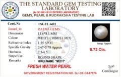 Pearl certificate TSGTL3401 for Cultured Pearl Stone (Moti Ratna) 8.72 Carat (9.58 Ratti) Round Shape