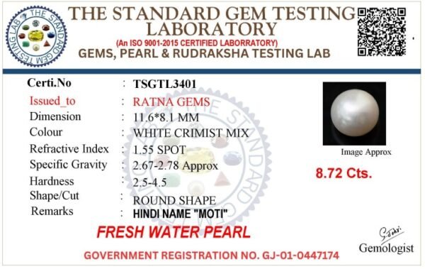 Pearl certificate TSGTL3401 for Cultured Pearl Stone (Moti Ratna) 8.72 Carat (9.58 Ratti) Round Shape