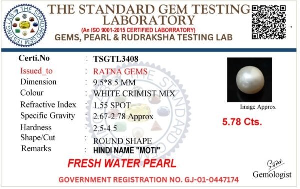 Pearl certificate TSGTL3408 for Cultured Pearl Stone (Moti Ratna) 5.78 Carat (6.35 Ratti) Round Shape