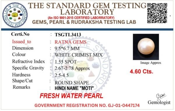 Pearl certificate TSGTL3413 for Cultured Pearl Stone (Moti Ratna) 4.60 Carat (5.05 Ratti) Round Shape