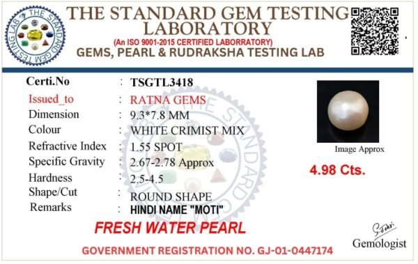 Pearl certificate TSGTL3418 for Cultured Pearl Stone (Moti Ratna) 4.98 Carat (5.47 Ratti) Round Shape