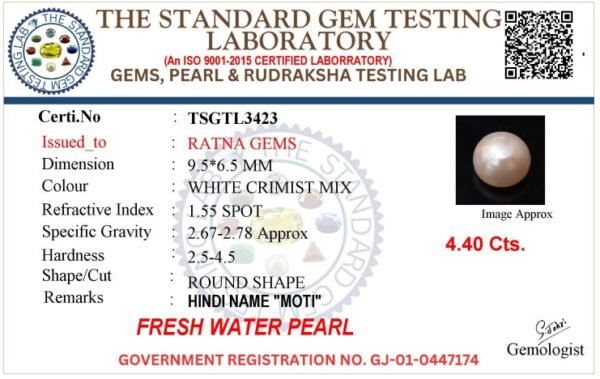 Pearl certificate TSGTL3423 for Cultured Pearl Stone (Moti Ratna) 4.40 Carat (4.84 Ratti) Round Shape