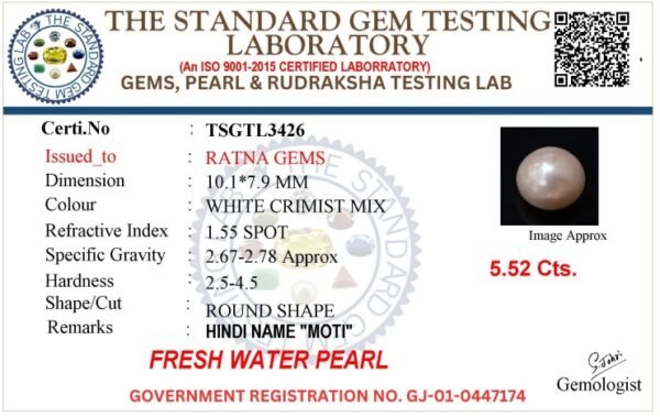Pearl certificate TSGTL3426 for Cultured Pearl Stone (Moti Ratna) 5.52 Carat (6.07 Ratti) Round Shape