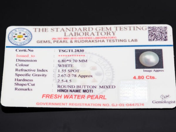 Cultured Pearl Moti 4.80 carat certificate image