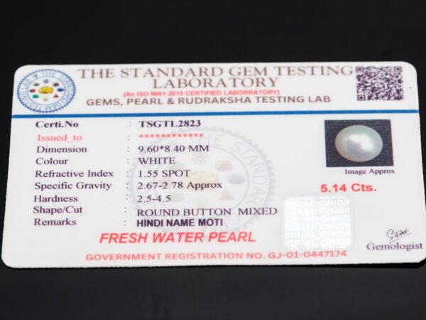 Cultured Pearl Moti 5.14 carat certificate image