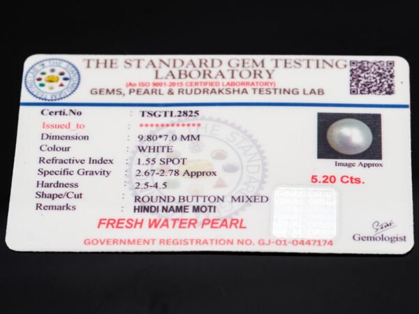 Cultured Pearl Moti 5.20 carat certificate image