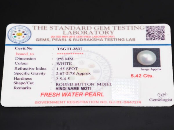 Cultured Pearl Moti 5.42 carat certificate image