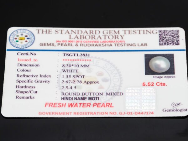Cultured Pearl Moti 5.52 carat certificate image