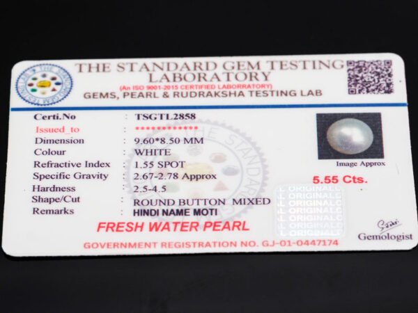 Cultured Pearl Moti 5.55 carat certificate image