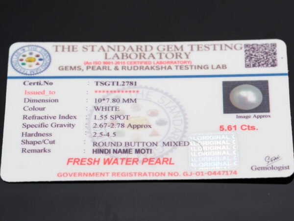 Cultured Pearl Moti 5.61 carat certificate image