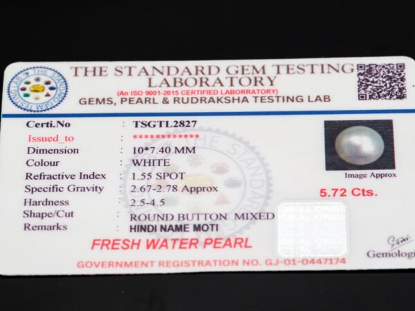 Cultured Pearl Moti 5.72 carat certificate image