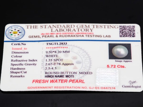 Cultured Pearl Moti 5.72 carat certificate image