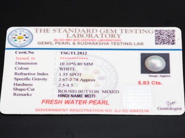 Cultured Pearl Moti 5.83 carat certificate image