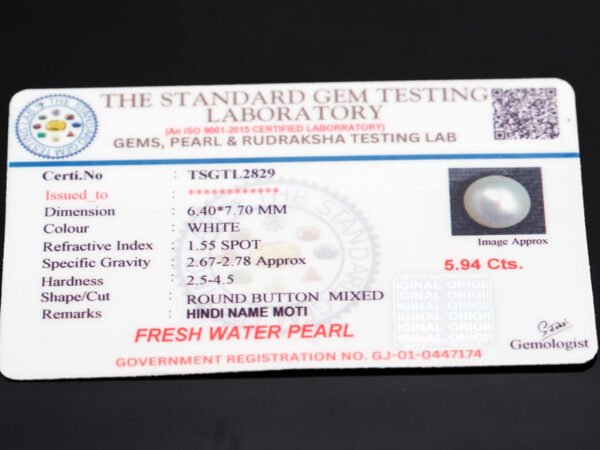 Cultured Pearl Moti 5.94 carat certificate image