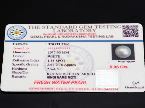 Cultured Pearl Moti 5.95 carat certificate image